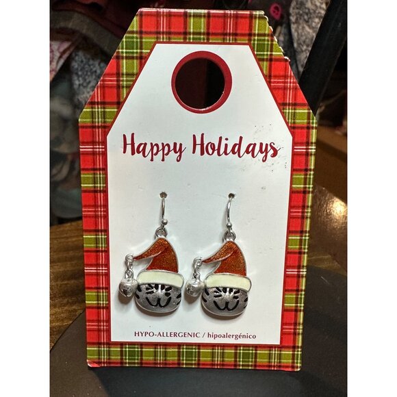 Christmas Cat Face Earrings Santa Hat Bell Silver Tone Hypoallergenic Seasonal - Picture 4 of 5